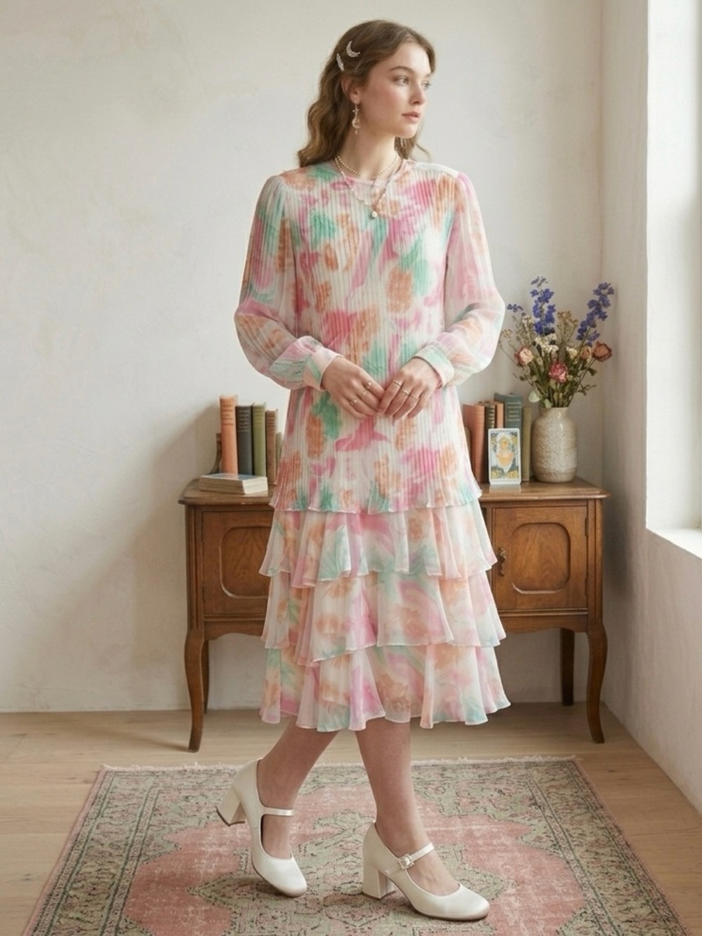 Vintage Lisa Michaels Watercolor Pleated Ruffle Tiered Midi Dress Cottagecore M